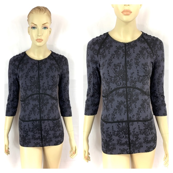 PHILIPPE MATIGNON lace prints black lavender fitted top L - Picture 2 of 11